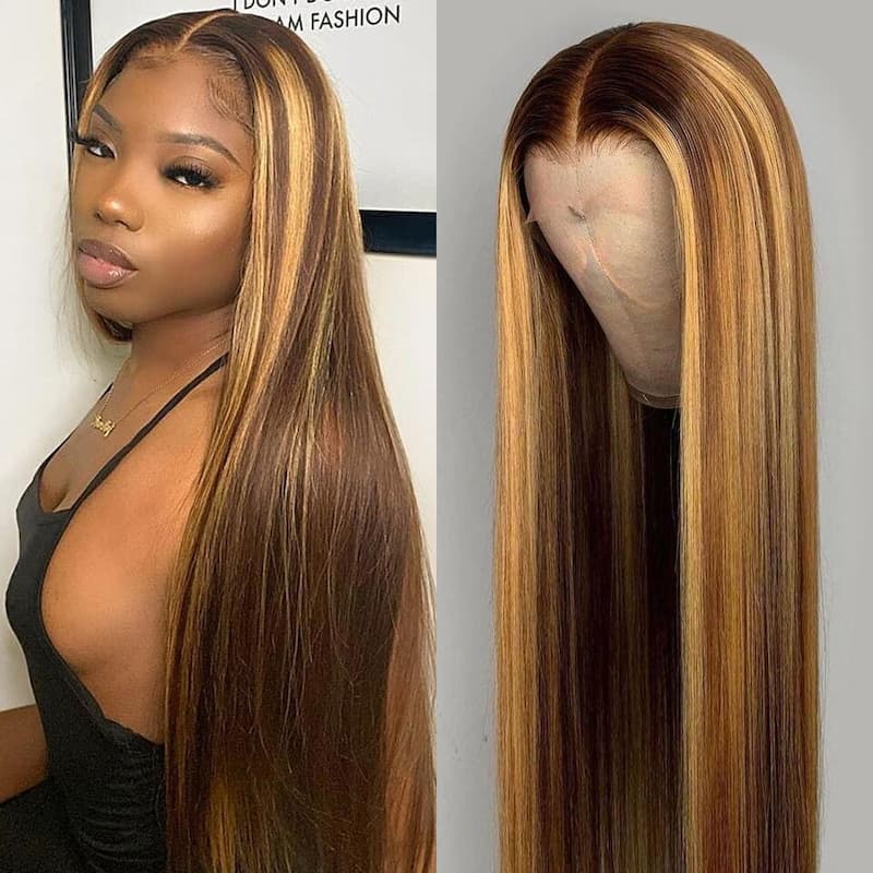 Straight Highlight Wigs 4*4 Ombre Wigs Pre Colored Baby Hair Human Hair Lace Closure Wig