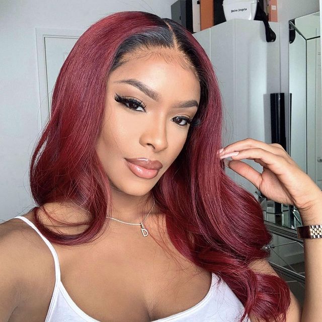 Beautiful Dark Burgundy Color with Black Roots,  Brazilian Hair Lace Front Wig, Human Hair Straight Wigs For Black Women