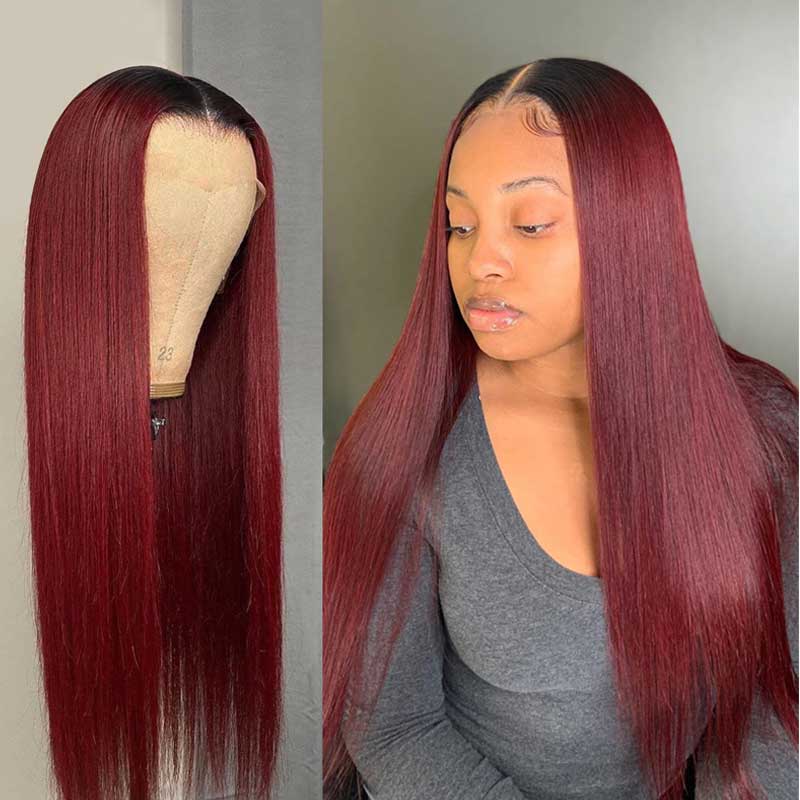 Beautiful Dark Burgundy Color with Black Roots, Brazilian Hair Lace Front  Wig, Human Hair Straight Wigs For Black Women - YH Fashion Hair