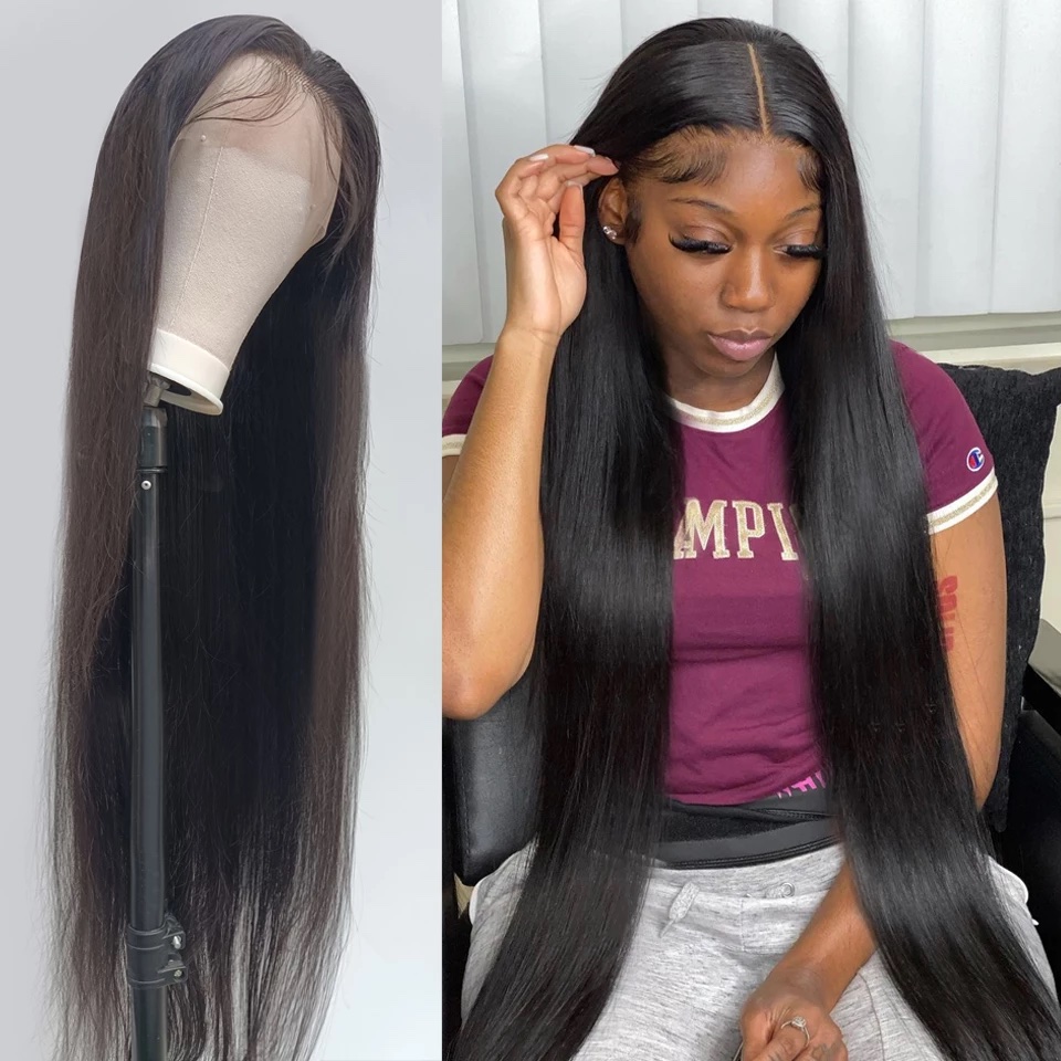 4*4 Human Hair Lace Wigs Virgin Straight Affordable Wigs For Black Women Silky Natural Black Color Wig