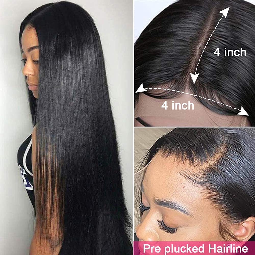 4*4 Human Hair Lace Wigs Virgin Straight Affordable Wigs For Black Women Silky Natural Black Color Wig