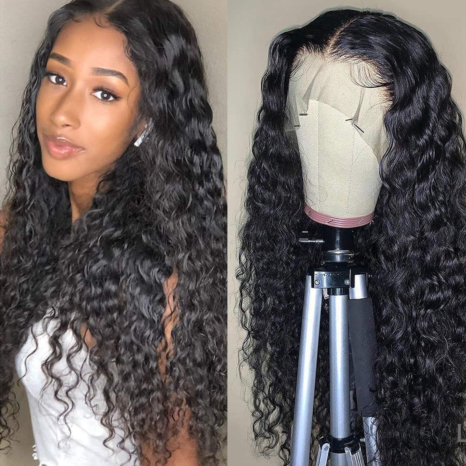 Water Wave Curly Brazilian Hair High Density Lace Front Wig, Pre-plucked w/ Baby Hair Human Hair Wigs Beautiful Curl