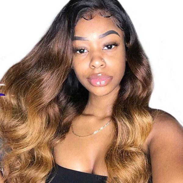 Super Cute #1B/4/27 Ombre Lace Front Wig Human Hair Body Wave Colored Wigs,  On Hand & Ready to Ship - YH Fashion Hair