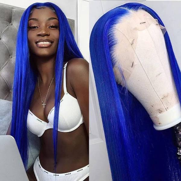 Beautiful Brazilian Hair Lace Front Wig, Blue Color, Human Hair Straight Wigs For Black Women, 13×4 Frontal, Long Wig