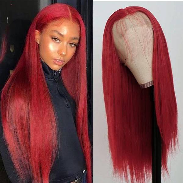Beautiful Brazilian Hair Lace Front Wig, Red Color, Human Hair Straight Wigs For Black Women, 13×4 Frontal, Long Wig