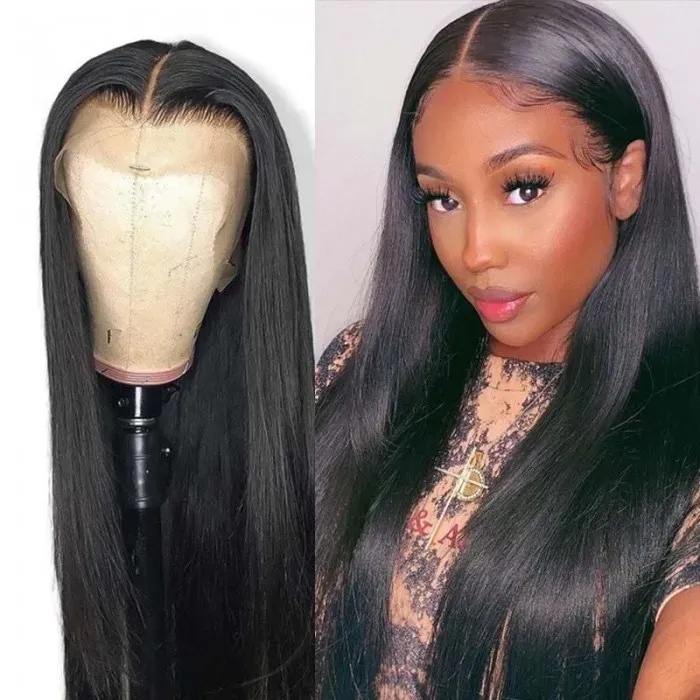 Beautiful Silk Long 180 Density Lace Front Wig, 13*6 Straight Hair Pre-plucked Baby Hair Human Hair Wigs Natural Black Color