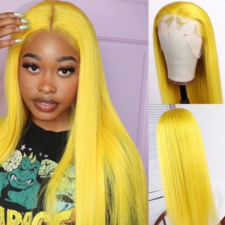Special Lemon Yellow Color 4×4 Lace Closure Wigs 150% Density Virgin Hair Silk Straight Pre Plucked Fashion Wig