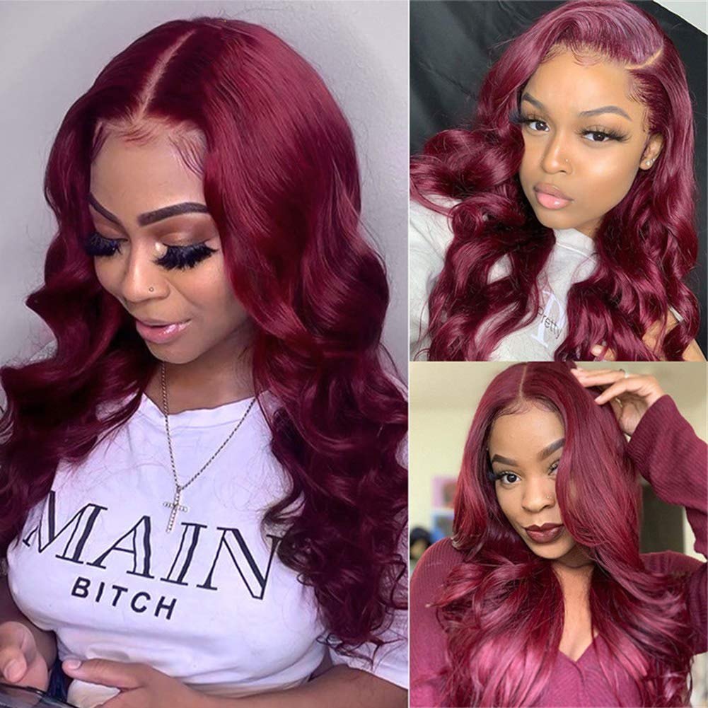 Body Wave Hair Light Burgundy Lace Front Wig Human Hair Pre Colored Wigs Pre Plucked On Sale Long Wig
