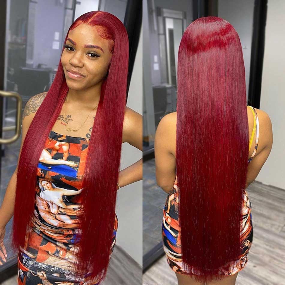 Light Burgundy Lace Front Wig Human Hair Silk Straight Pre Colored Wigs, On Sale Long Wigs Thick Hair