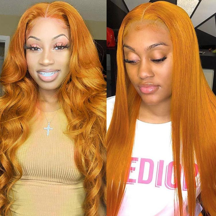 Ginger Orange Straight Lace Front Wig Human Hair Silk Straight Pre Colored Long Wigs Thick Hair