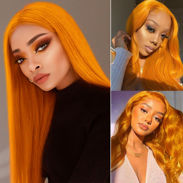 Ginger Orange Straight Lace Front Wig Human Hair Silk Straight Pre Colored Long Wigs Thick Hair