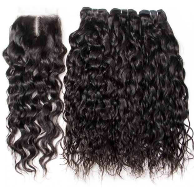 3-Bundle w/ 4×4 Closure, 10-30 Inch 12A+ Super Double Drawn Brazilian Water Wave Hair