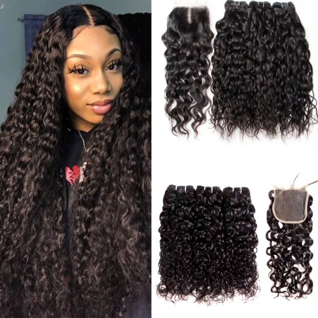 3-Bundle w/ 4×4 Closure, 10-30 Inch 12A+ Super Double Drawn Brazilian Water Wave Hair