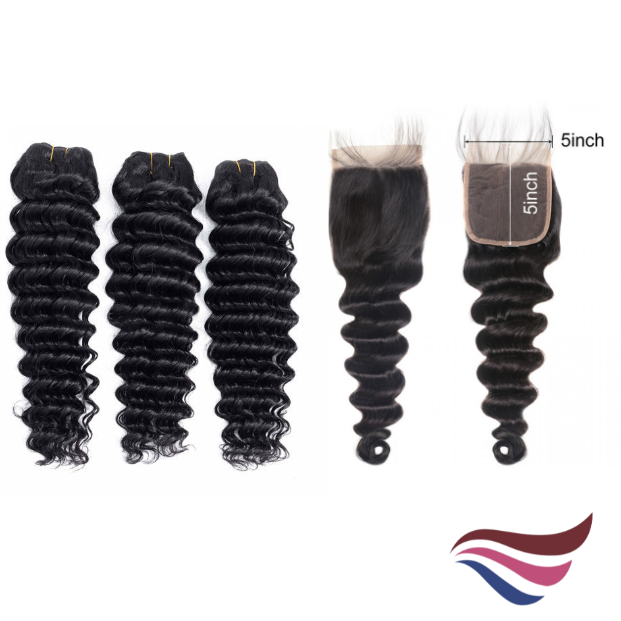 3-Bundle w/ 5×5 Closure, 10-30 Inch 16A+ Super Double Drawn Brazilian Loose Deep Wave Hair