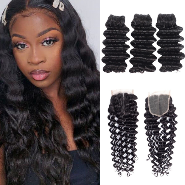 3-Bundle w/ 4×4 Closure, 10-30 Inch 12A+ Super Double Drawn Brazilian Loose Deep Wave Hair