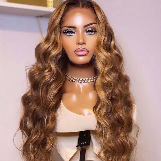 13*4 Lace Front Wig Highlight Wigs Brown And Honey Blonde Highlights Wig Pre Plucked Ombre Human Hair Wigs