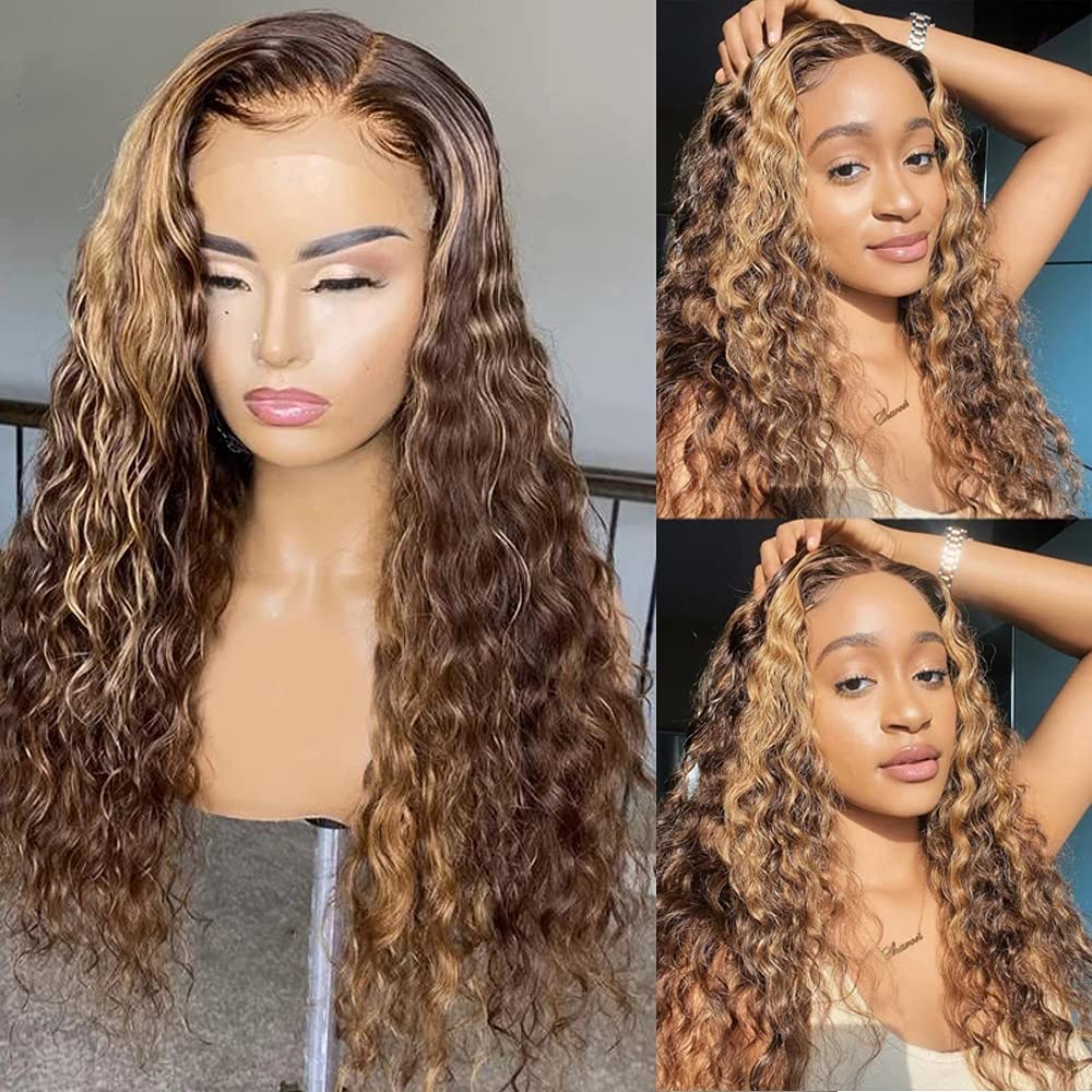 Gorgeous Curly Pre Colored Highlight Brazilian Hair Lace Front Wig, Water Wave Human Hair Wigs
