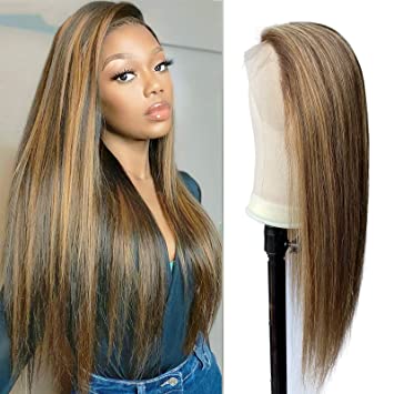 Highlight Honey Blonde Ombre 13*4 Brazilian Hair Lace Front Wig, Human Hair Lace Wig, Pre-plucked 180 Density Straight Wigs
