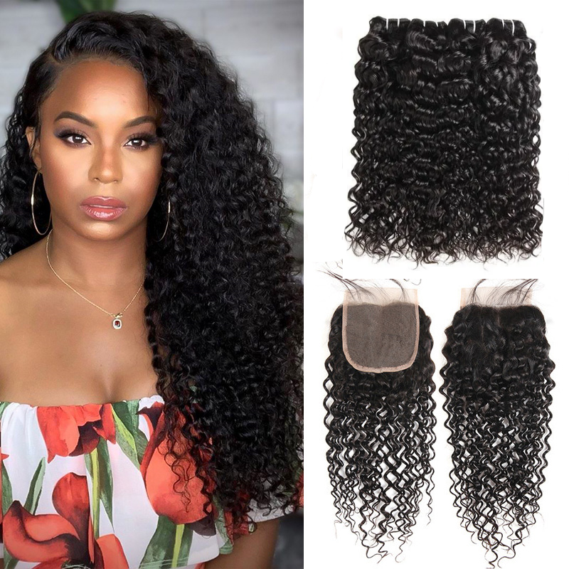 4×4 HD/Transparent Lace Closure With 16A Bundles Brazilian Water Wave Hair Bundles Human Hair Bundles With Closure