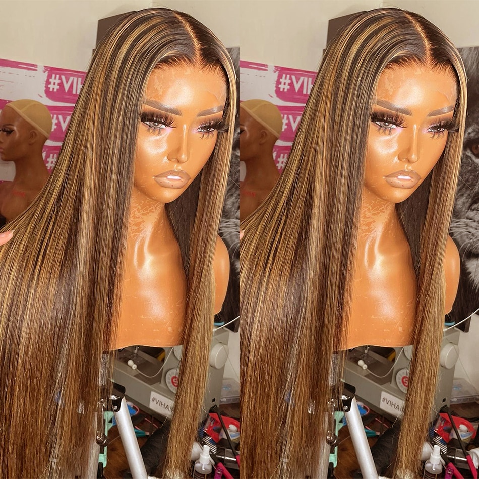 13X4 HD Lace Front Wig Highlight Brazilian Straight Human Hair Wig Honey Blonde Color P4/27 Lace Frontal Wig 180%