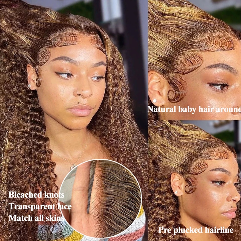 HD Highlight Wig Lace Front Wig 13×4 Curly Human Hair Wigs Deep Wave Wigs For Women Ombre Deep Wave 13×4 HD Lace Frontal Wig